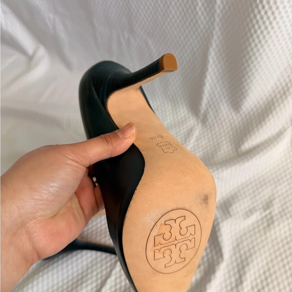 Tory Burch Balletcore Bow Kitten Navy Heels Size 6.5 All Leather NWOB